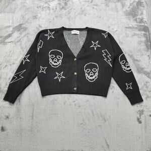 No Boundaries Sweater Womens M Black White Skull Goth Punk Cardigan V-Neck Crop